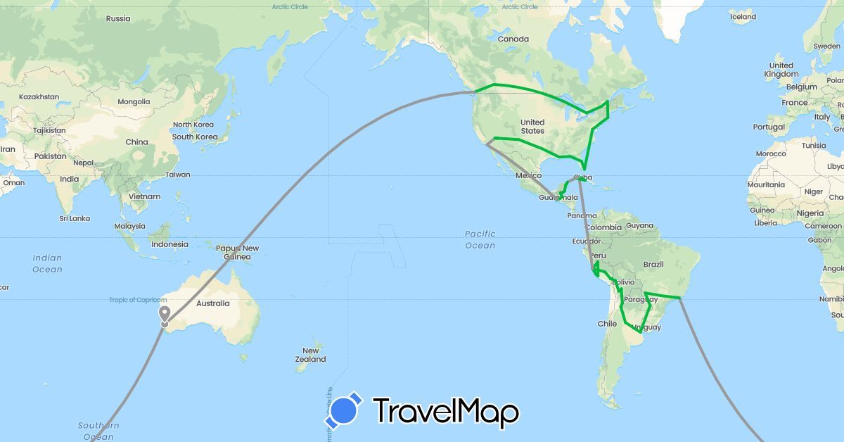 TravelMap itinerary: driving, bus, plane in Argentina, Australia, Bolivia, Brazil, Belize, Canada, Cuba, Guatemala, Mexico, Peru, United States (North America, Oceania, South America)
